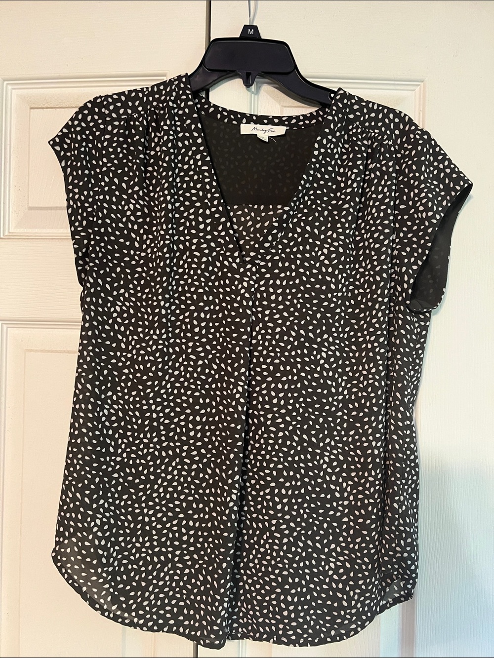 Audrey Petite Black V-Neck Cap Sleeve Blouse with White Dot Print